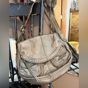 Lucky metallic olive leather foldover hobo/travel bag